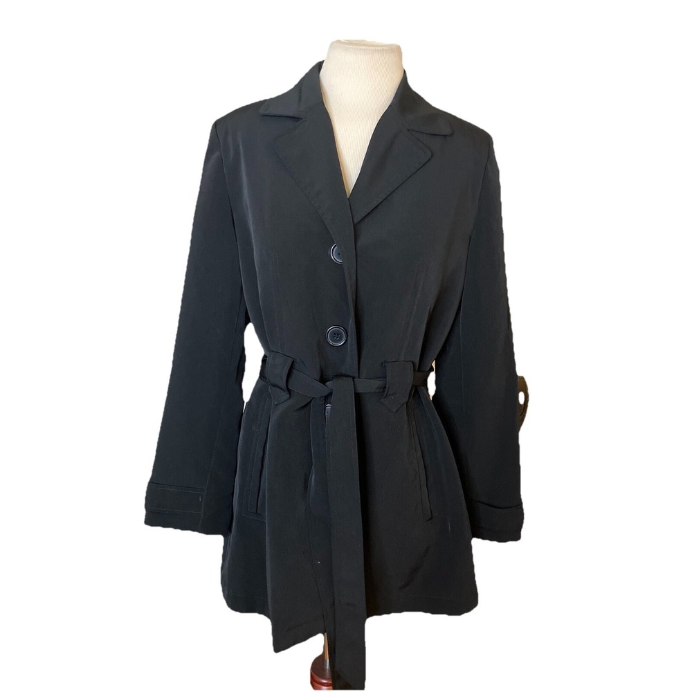 White Stag  trench coat‎ Black Belted Jacket Sz S 4-6 Goth Dark Academia